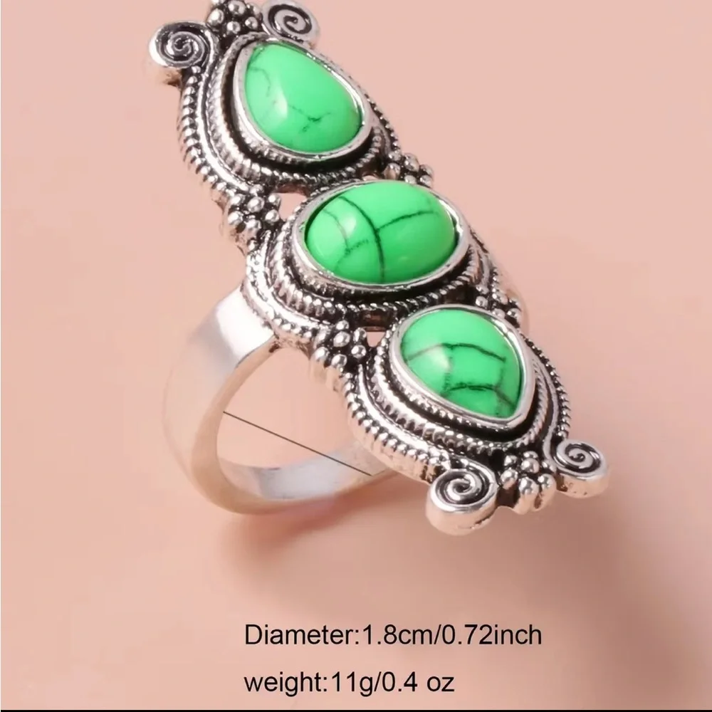 Long Style Silver and Triple Green Resin Stone Ring
